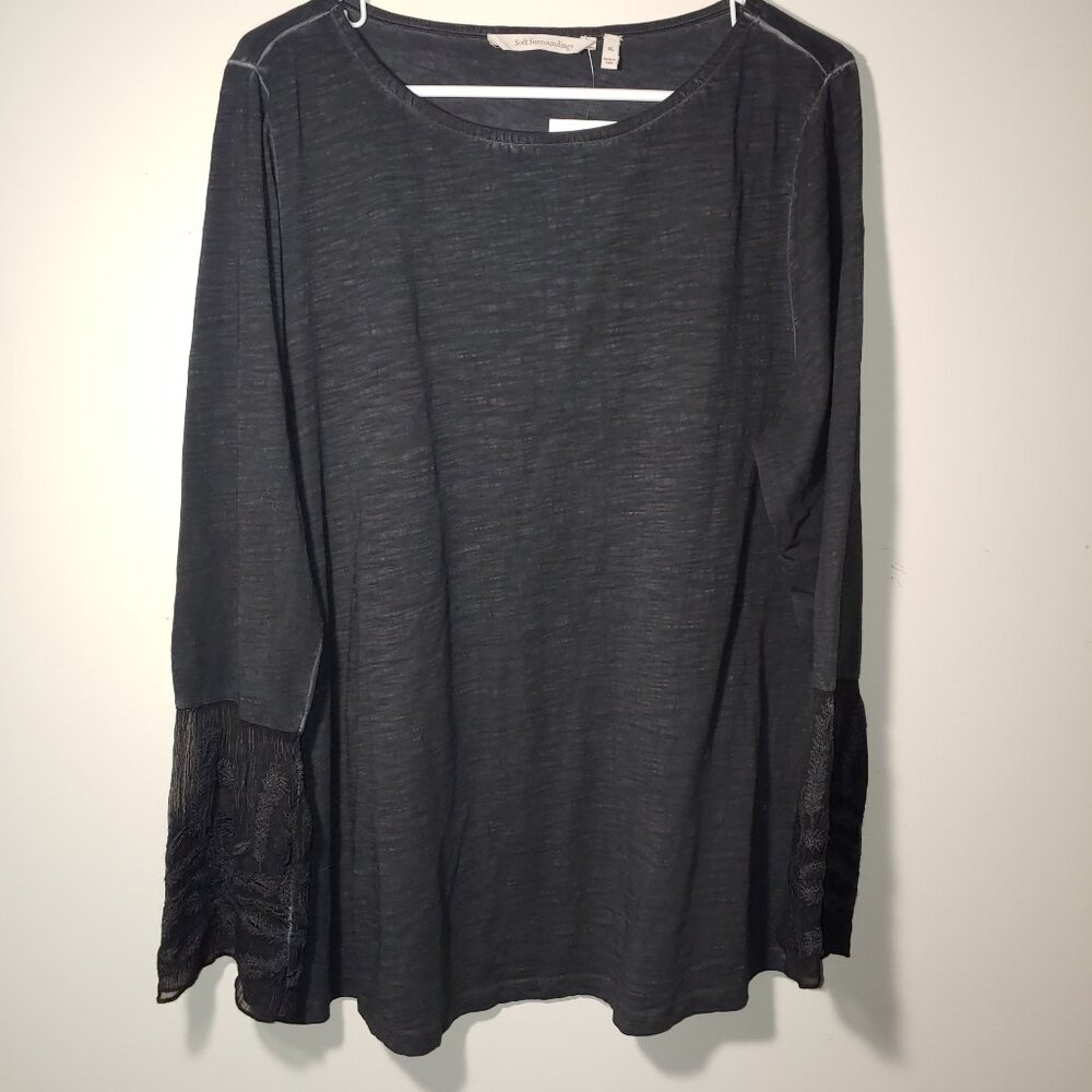Soft Surroundings Long Sleeves Lace Caffs Crew Neck Tunic Top Size XL Dark Grey
